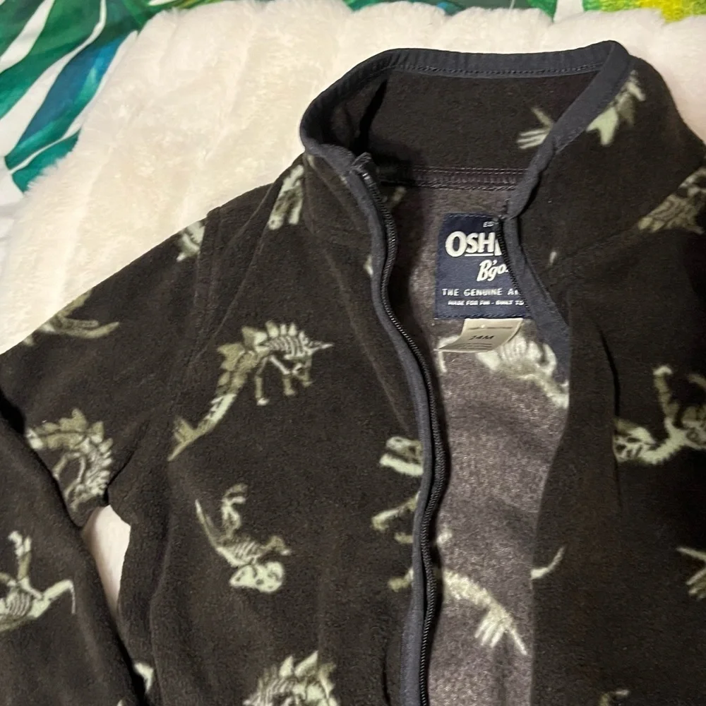 EUC OshKosh Baby Toddler 24M Grey Brown Dino Zip Fleece Lightweight Zip Jacket